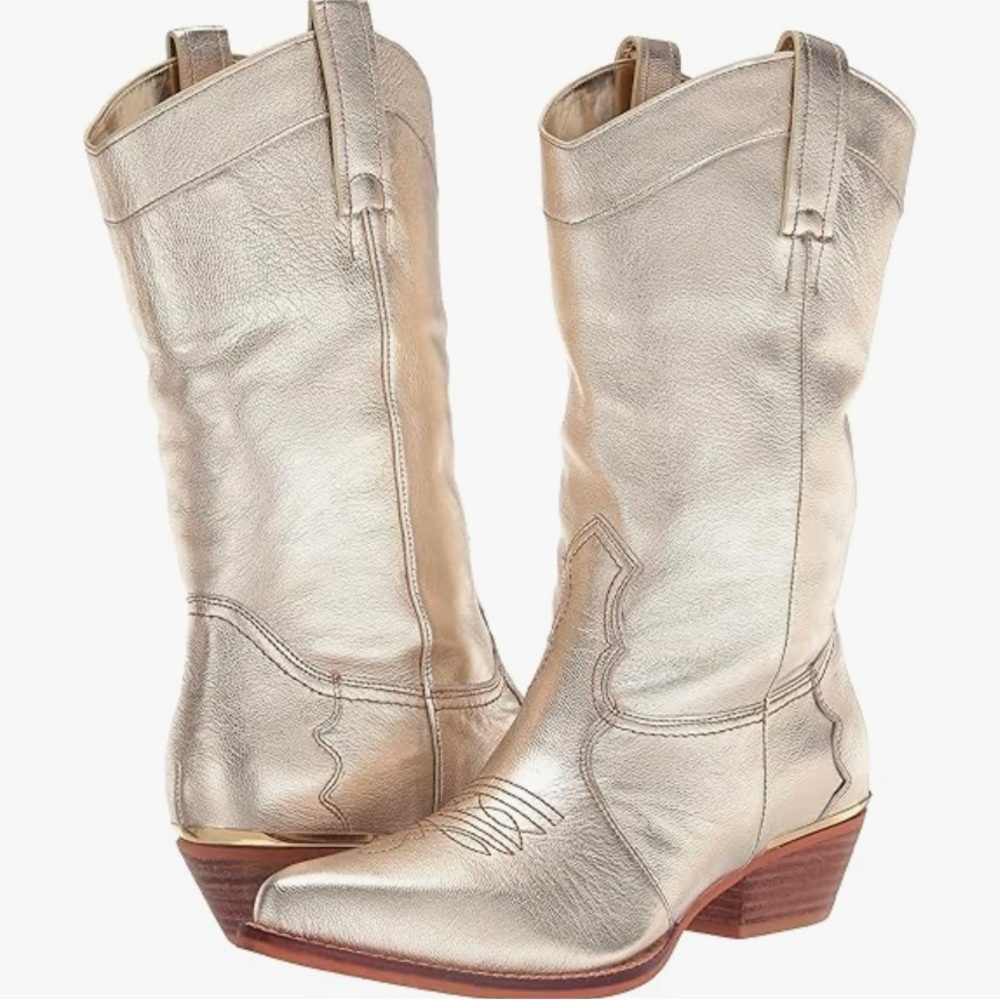 DKNY Laila Genuine Calf Leather Cowboy Boots - Gold - 8